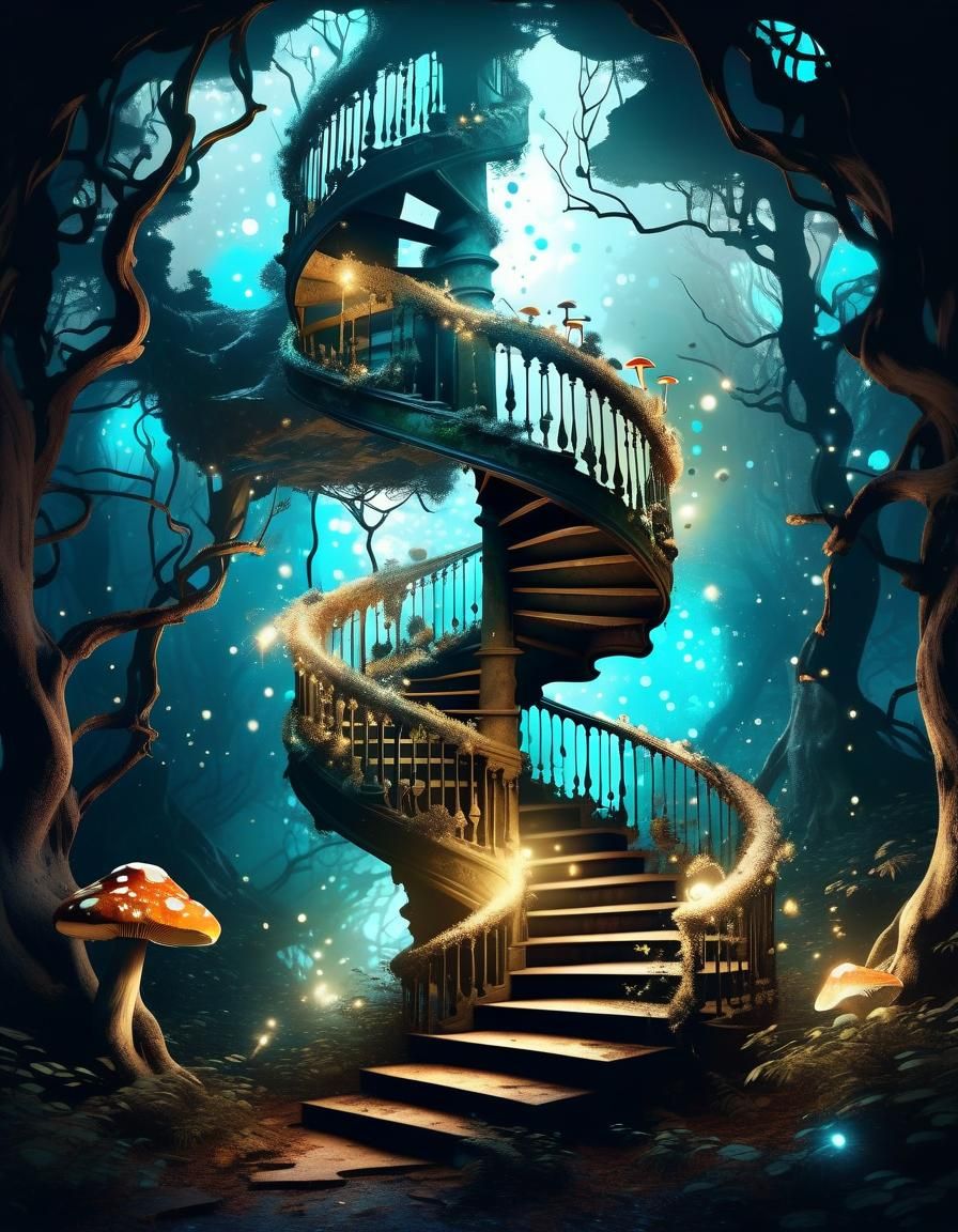Enchanted Forest Staircase with Bioluminescent Accents