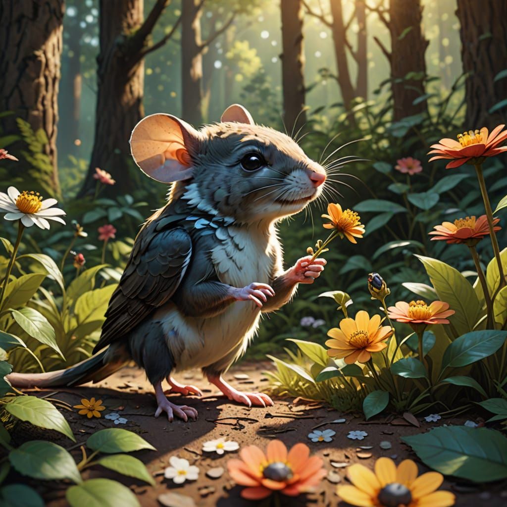 Mouse Offers Flower to Hawk in Comic Book Style