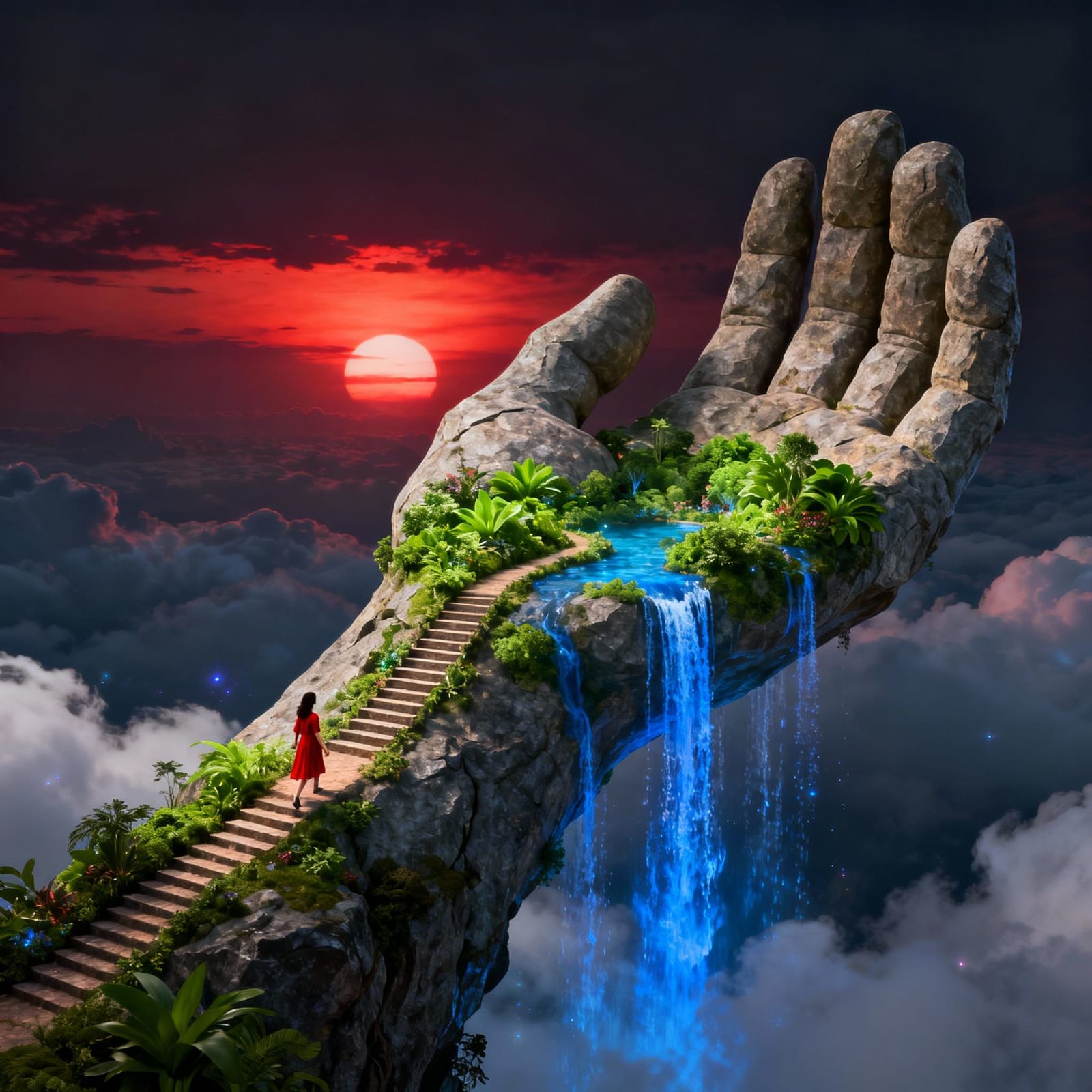 Gigantic Stone Hand Reaching for Sunset Over Elven Kingdom