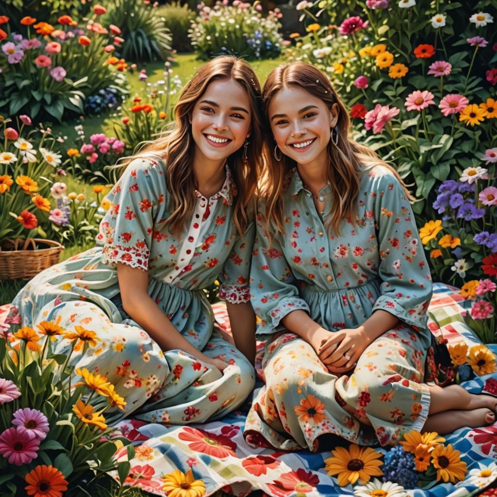 Sisters' Picnic in a Colorful Flower Garden