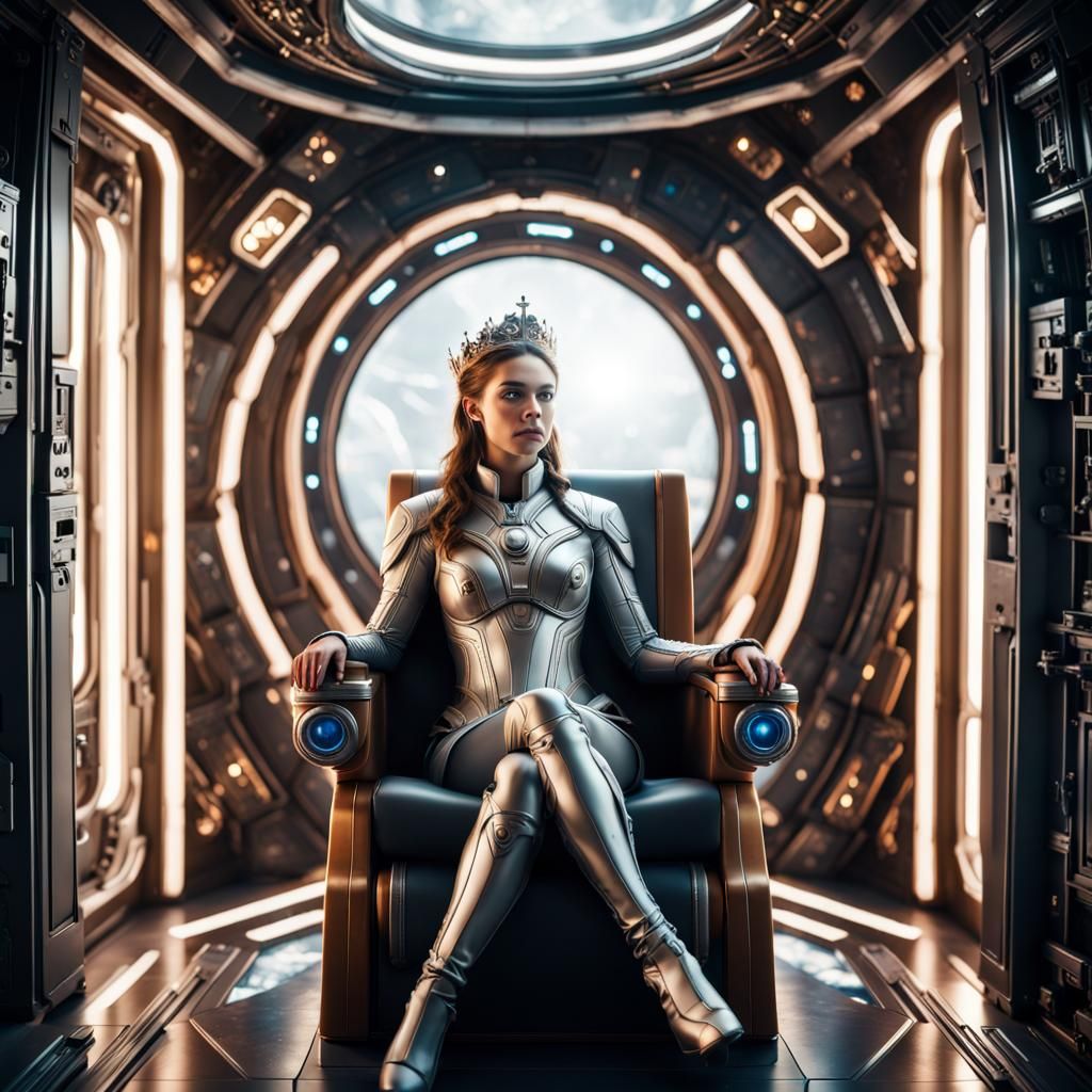 Hyperrealistic Princess on Throne in Space Vessel