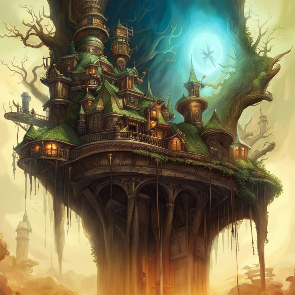 Fantasy Library: Colorful Mixed Media Illustration