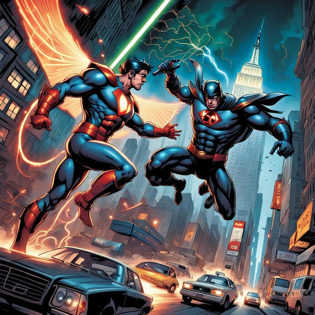 Superhero Battle in New York: Comic Book Art
