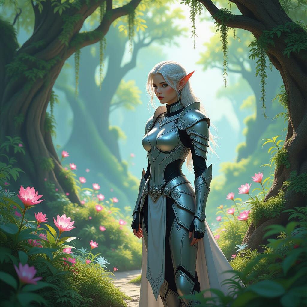 Futuristic Elf Warrior Defends Glowing Grove in Storybook St...