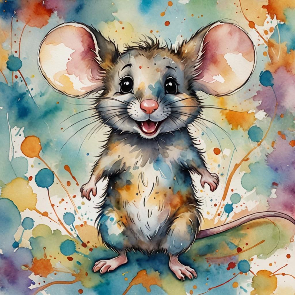 Whimsical Mouse Portrait with Watercolor Background