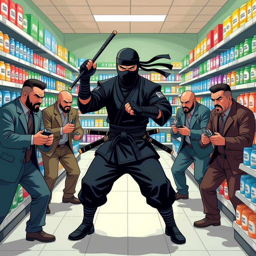 Ninja Fight in Grocery Store: Cartoon Realism