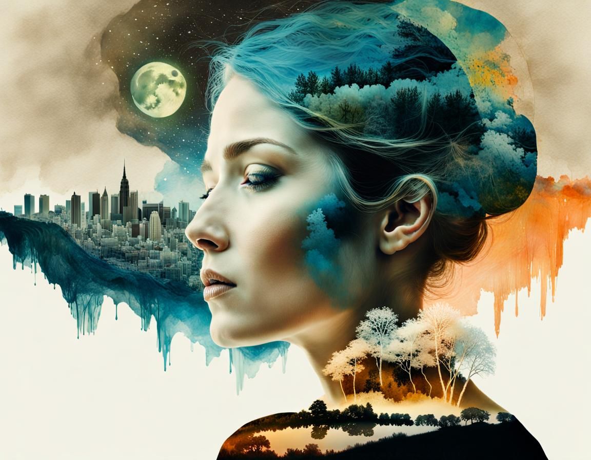 Moonscape Portrait in Double Exposure Style