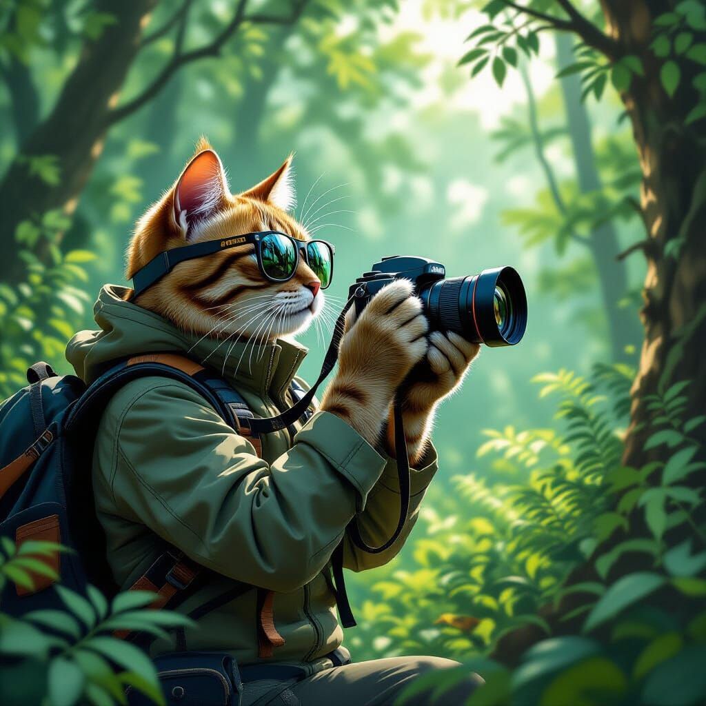 Cat Photographer in Lush Forest, Digital Painting Style