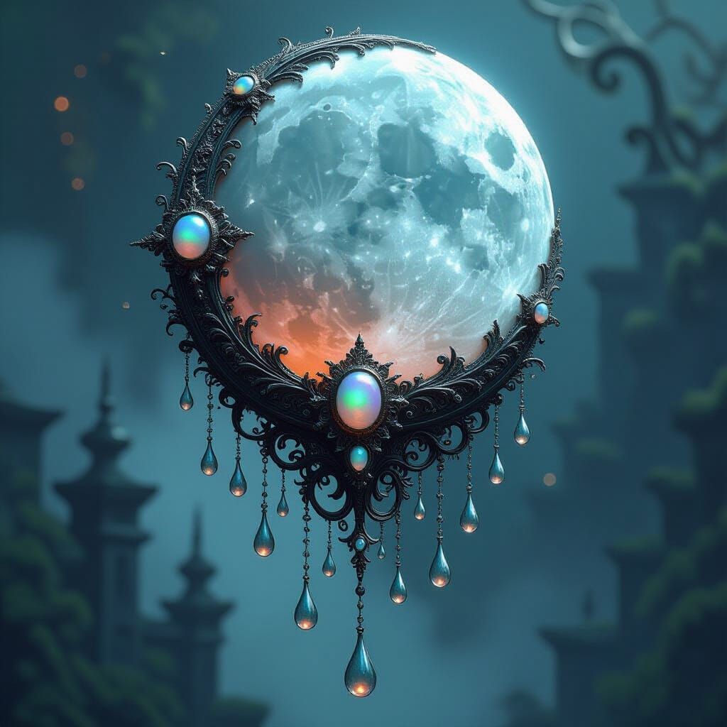 Opal Moonstone with Silver Droplets in Dark Fantasy Style