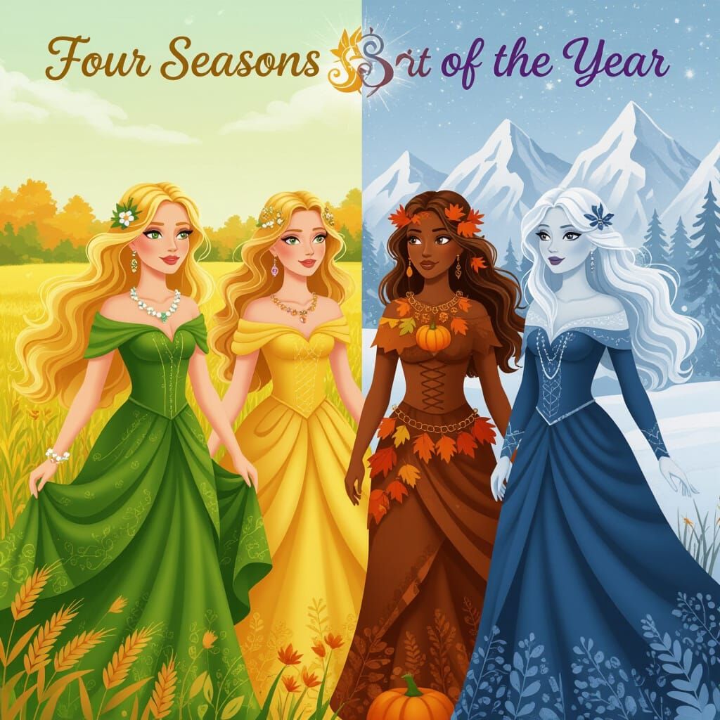 Magical Four Seasons Portrait With Colliding Worlds