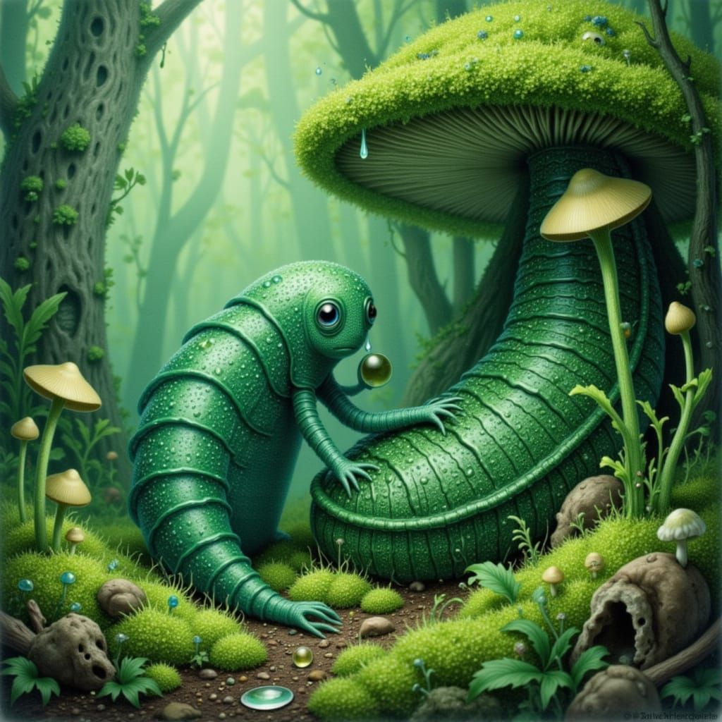 Emerald Tardigrade on Giant Mushroom in Enchanted Forest