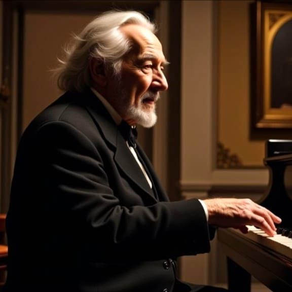Elderly Man Plays a Grand Piano in a Hyperrealistic Scene