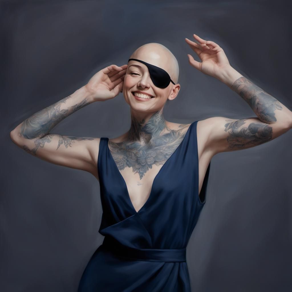 Photorealistic Oil Painting of Smiling Woman with Eyepatch