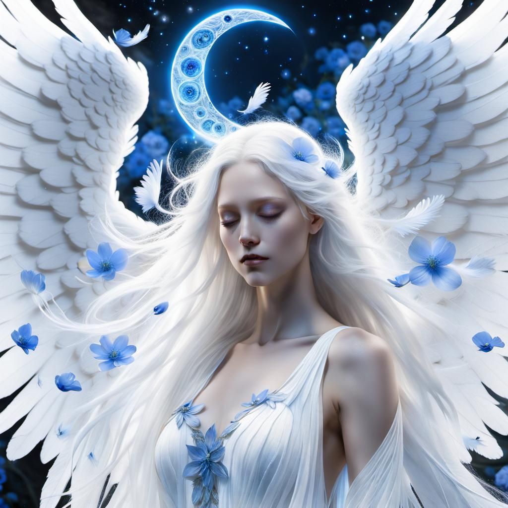 Female Angel with Blue Flowers and Glowing Orbs