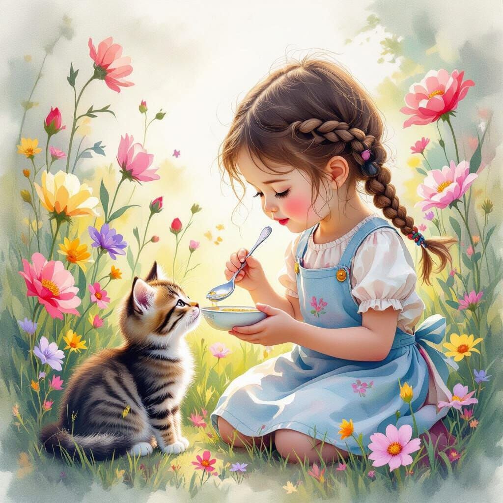 Girl Feeding Kitten Spring Flowers Watercolor Line Art
