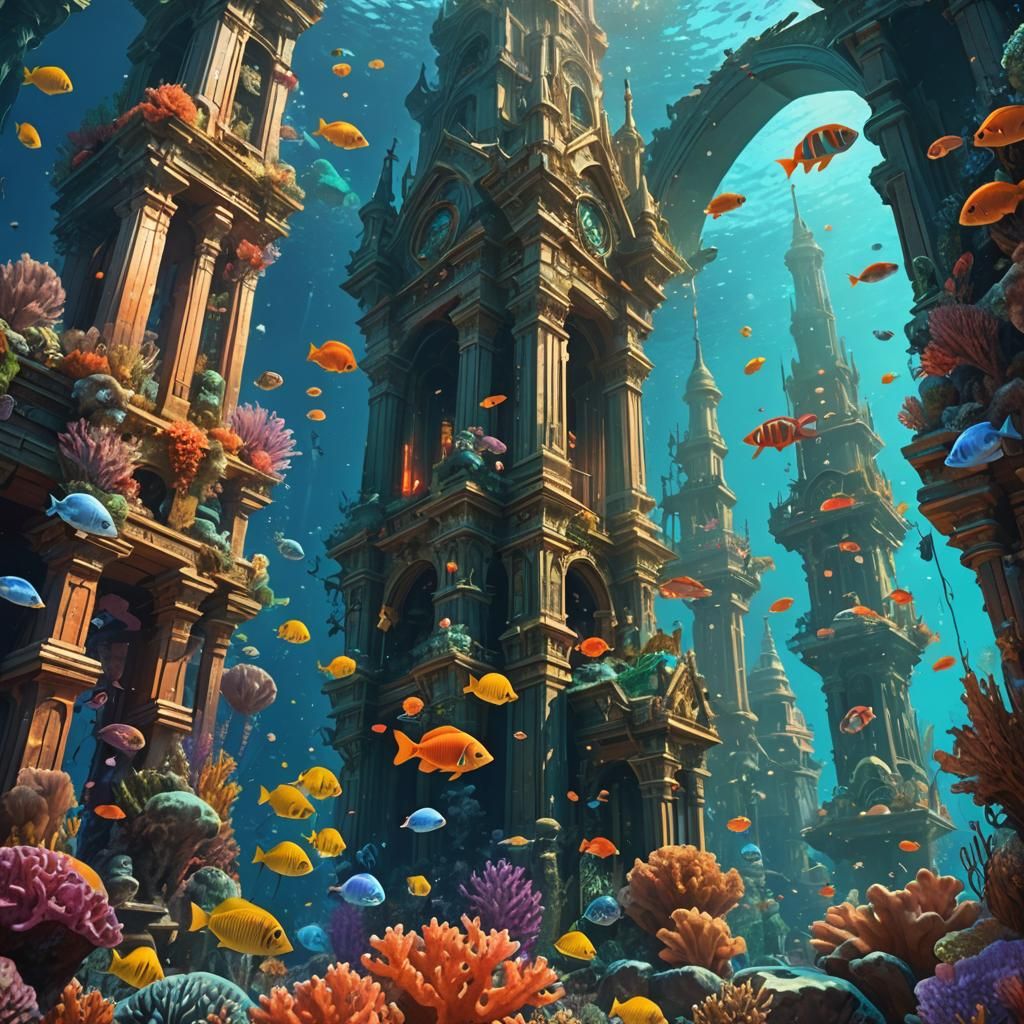 Underwater Spire Fisher with Vibrant Coral Reef
