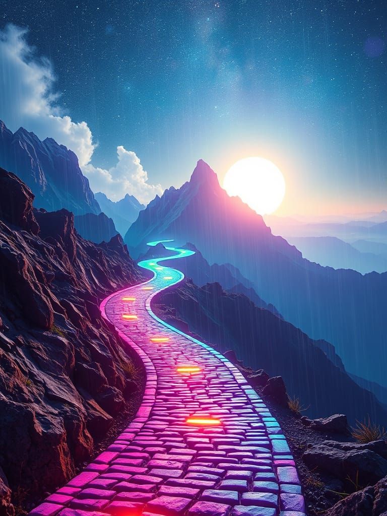 Neon Road Ascends Mountain in Bioluminescent Rainbow Hues