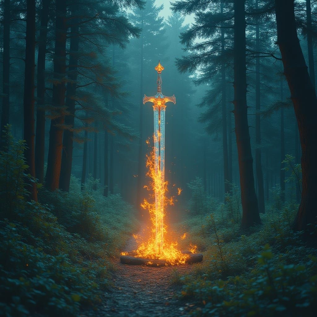 Ethereal Flame Sword Rests in Epic Fantasy Forest