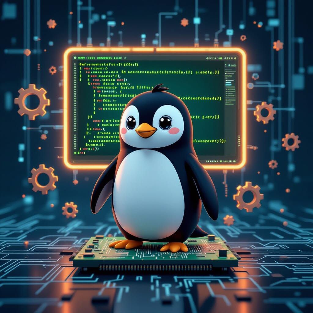 Stylized Linux Mascot on Circuit Board in Futuristic Style