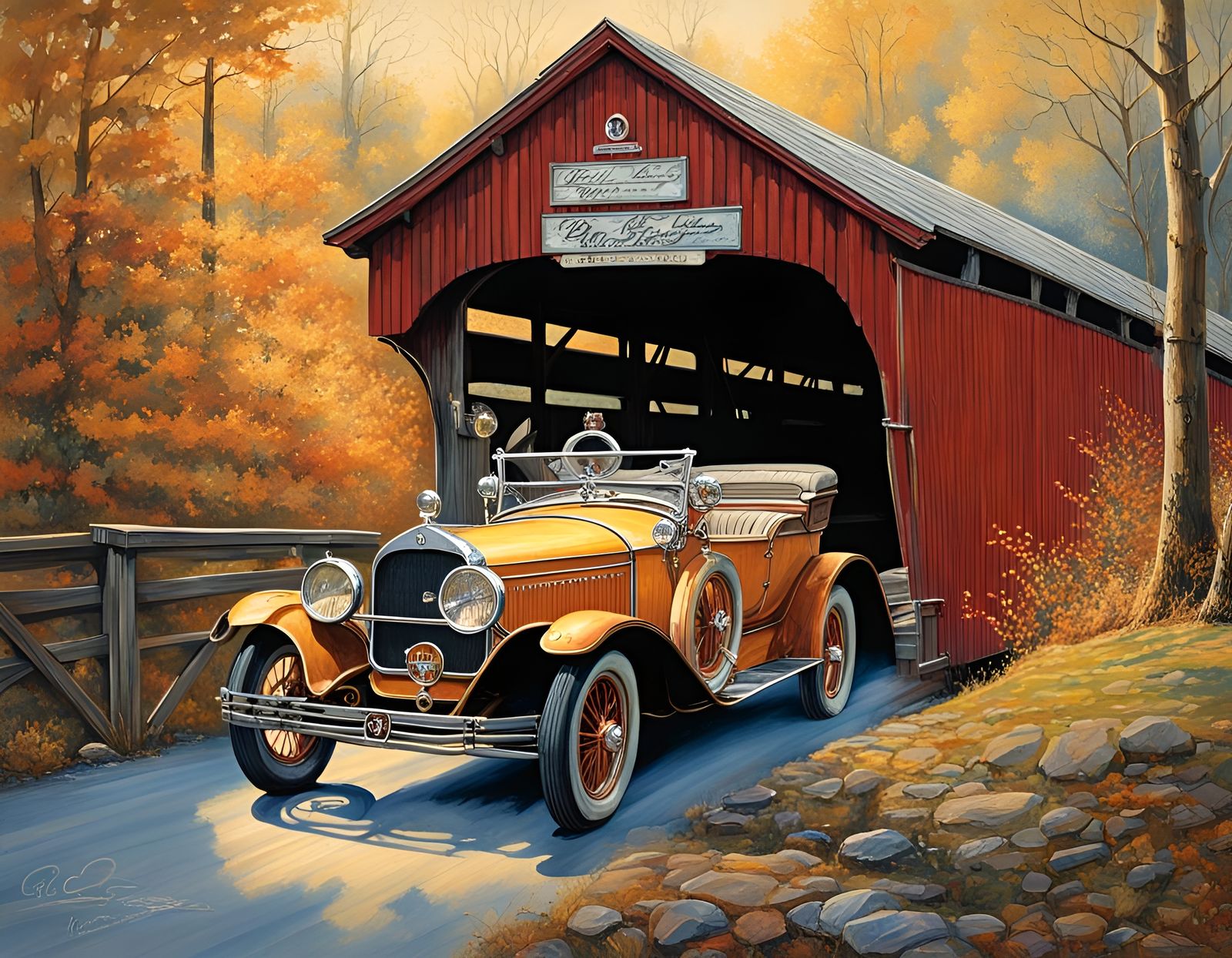 1921 Buick Through Covered Bridge: Hyperrealistic Folk Art