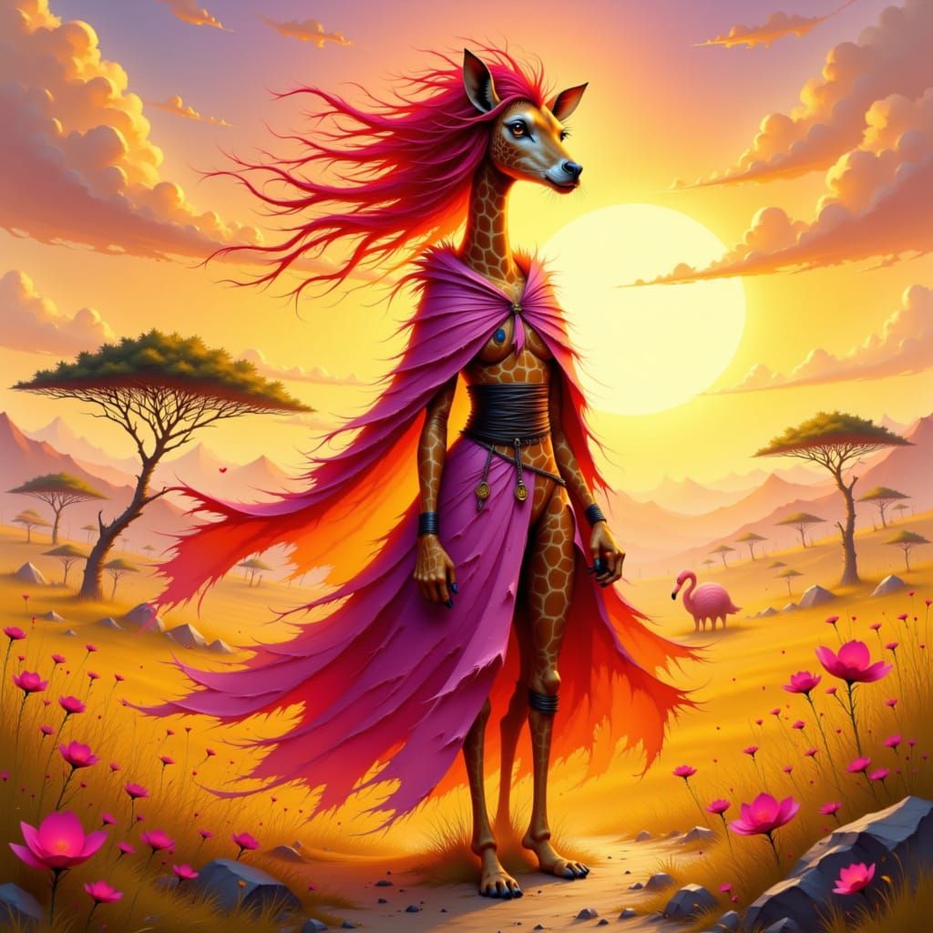 Flamingo-Giraffe Fire Hybrid in Dreamlike Loish Style