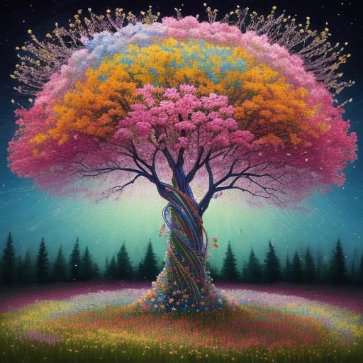 Mystical String Art Tree in Flower Meadow