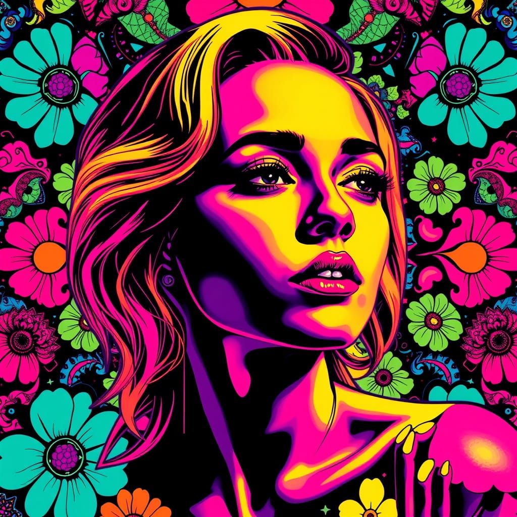 Pop Art Portrait in Vibrant Neon Colors, Inspired by Warhol'...