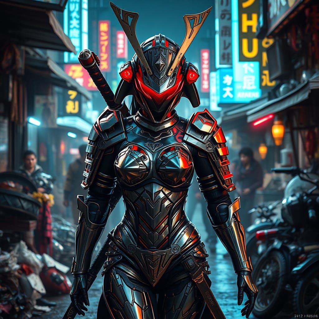 Futuristic Chrome Warrior in Neon-Lit Cityscape