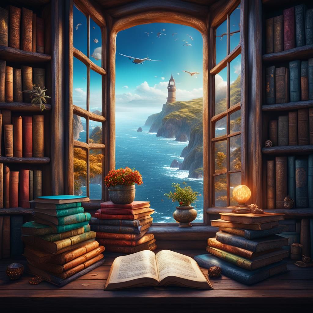 Colorful Books and Sea View: Detailed Matte Painting