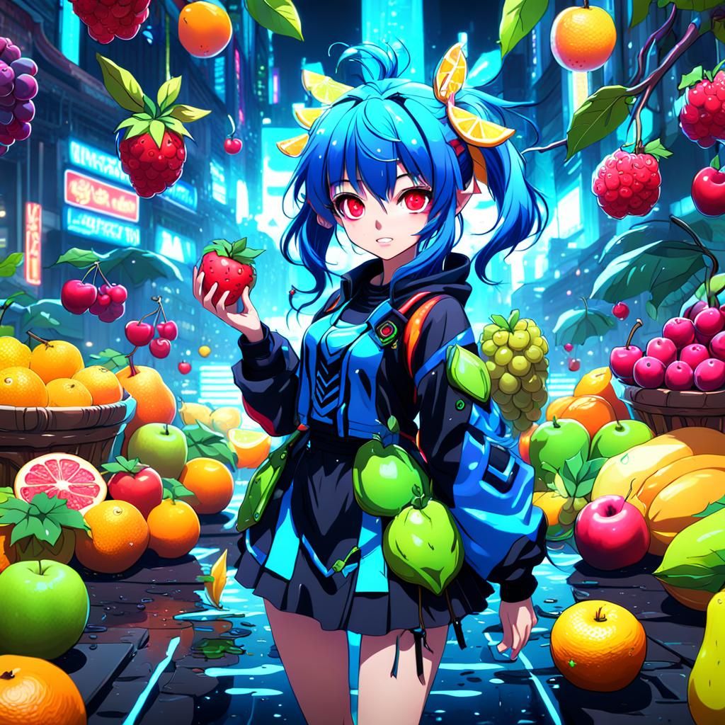 Neon Anime Fruit Girl in Detailed Matte Painting
