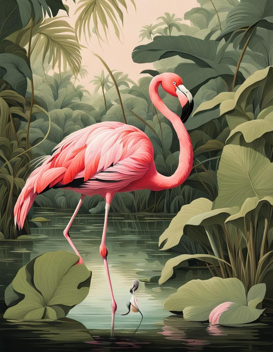 Pink Flamingo in Lagoon: Audubon-Style Illustration