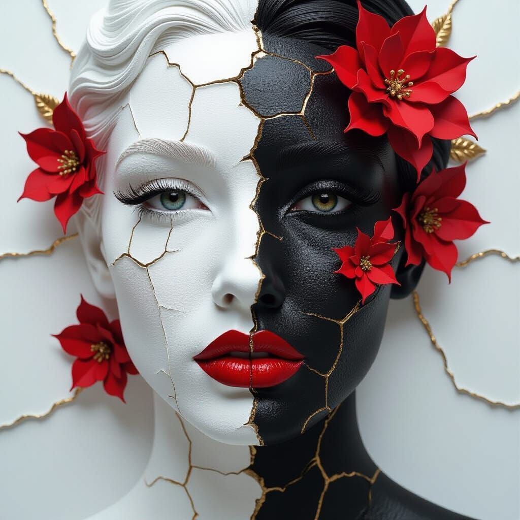 Surreal Plaster Portrait: Woman Adorned with Red Flowers