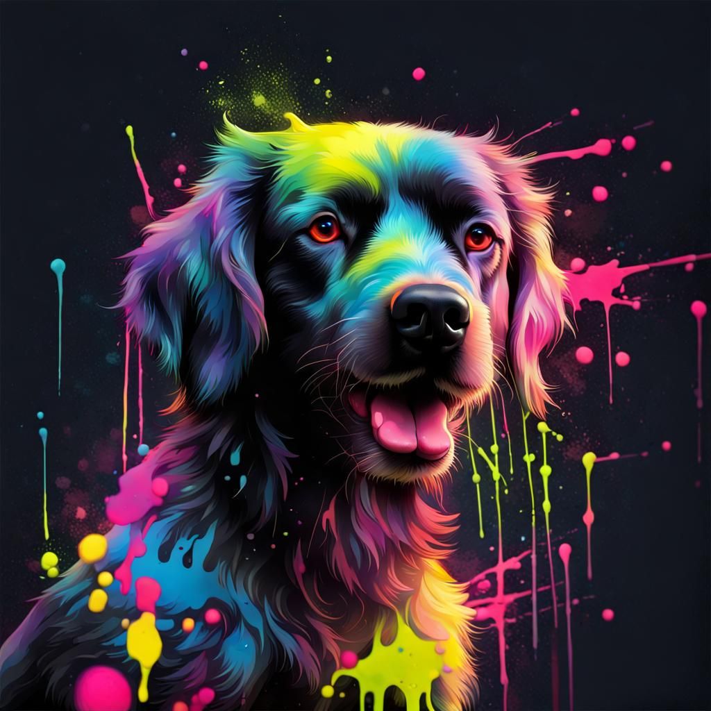 Realistic Neon Dog with Paint Splatters