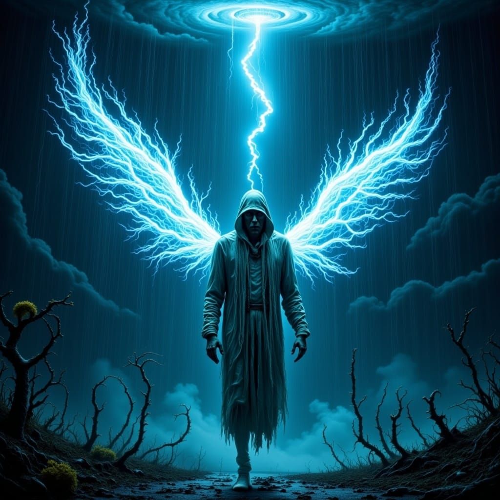 Figure Soaring Through Storm with Glowing Wings