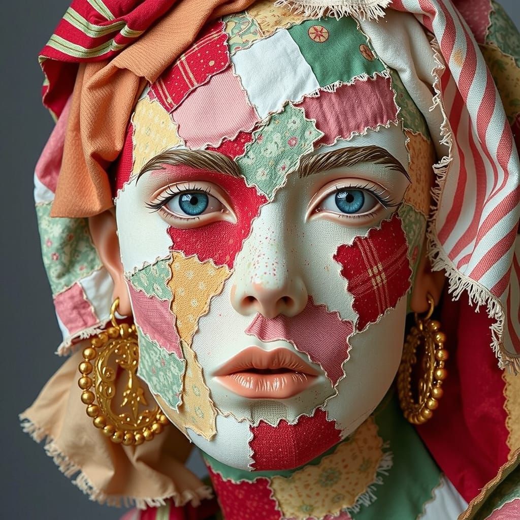3D Patchwork Quilt Face with Glassy Sheen