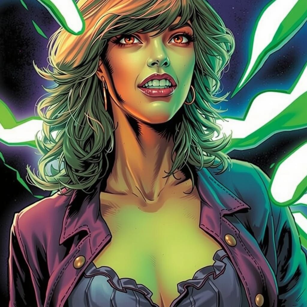 Greenish Woman with Fluorescent Teeth in Comic Book Art