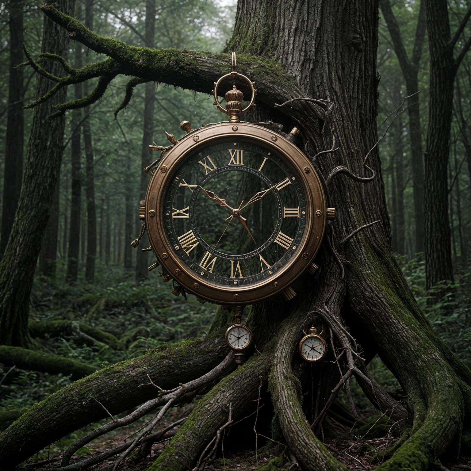 Melting Clock on Tree Branch in Surreal Forest