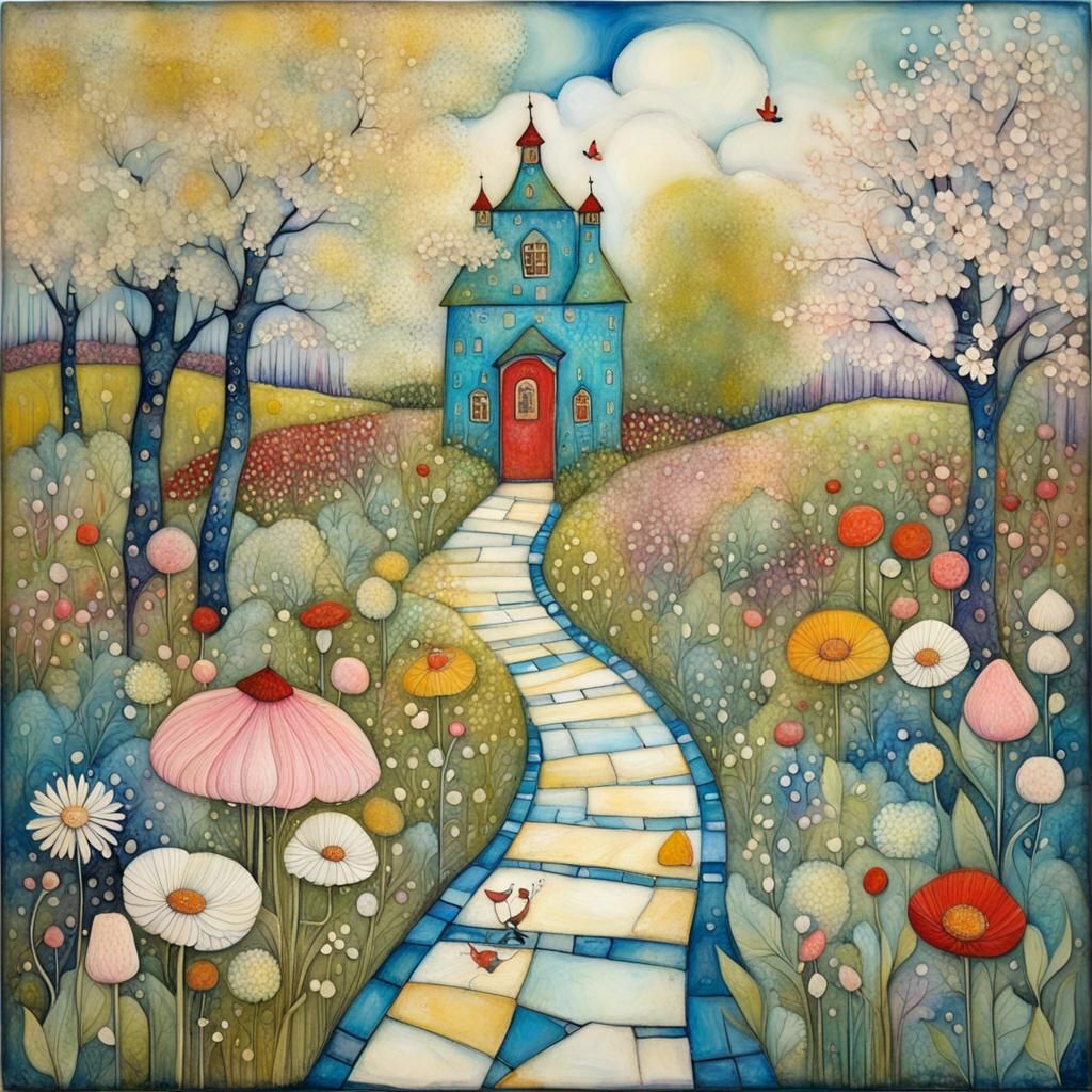 Spring Garden Path in Encaustic Style
