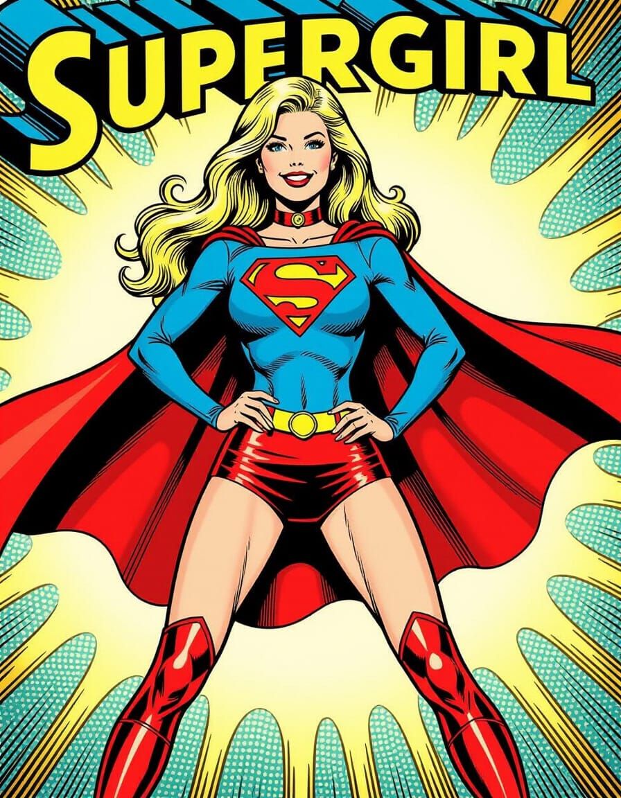 Supergirl Splash Panel in 1970s Comic Art Style