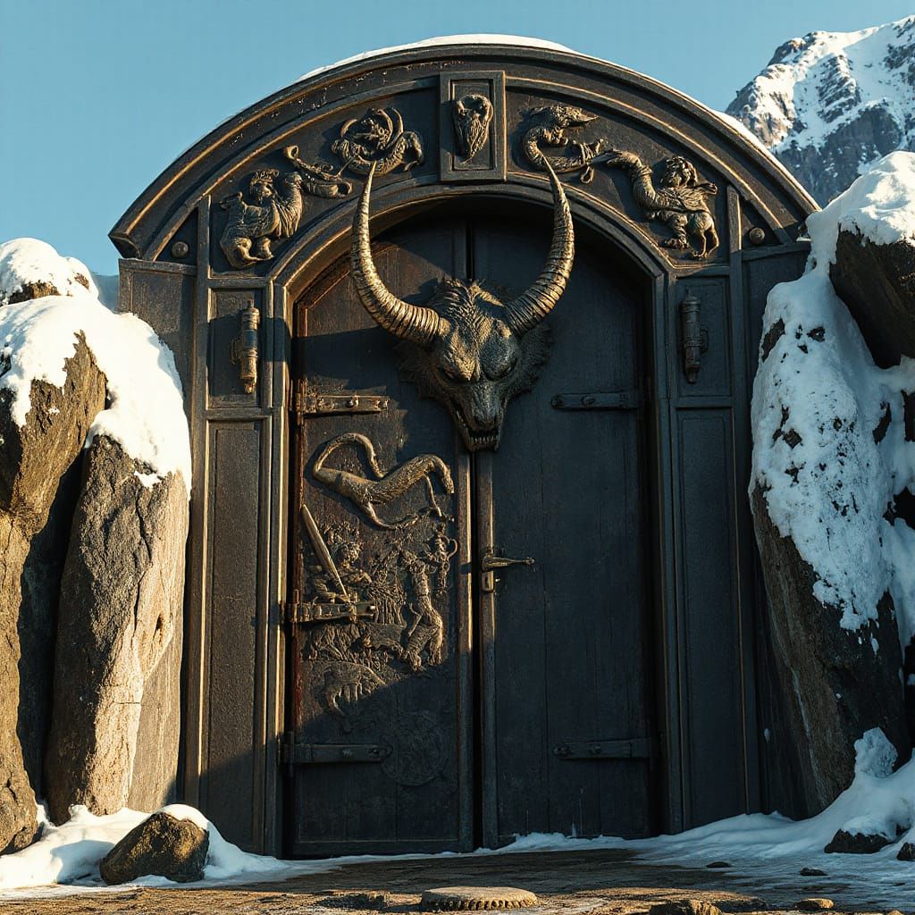 Demonic Doorway in Snow Mountain, Dark Fantasy Style