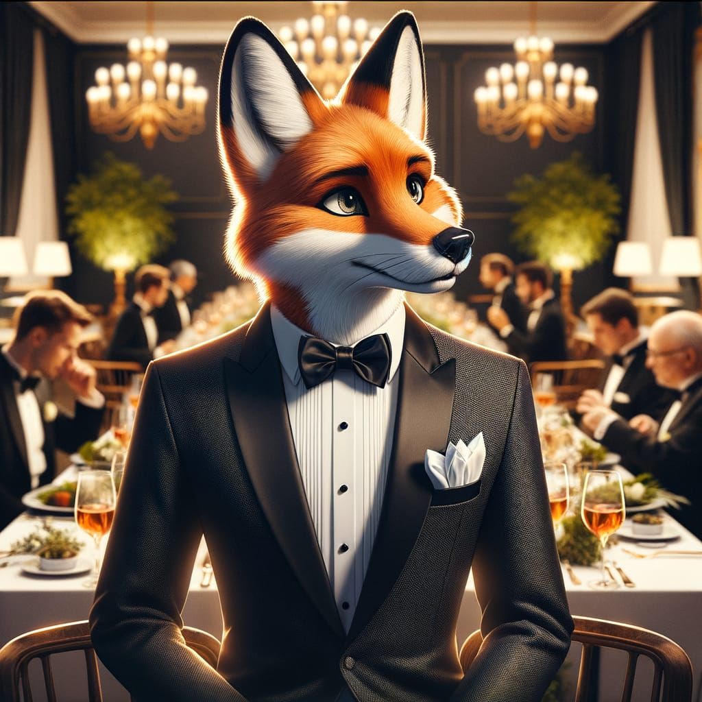 Anthropomorphic Fox in Tuxedo at Elegant Dinner Party