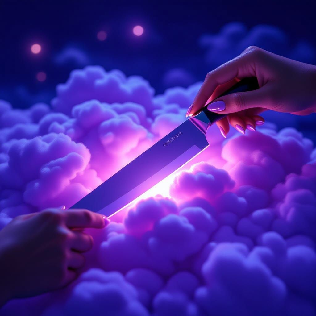 Crystal Knife Slices Luminous Purple Cloud in ASMR Scene