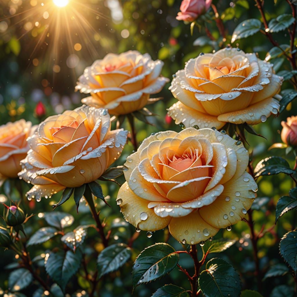 Roses with Morning Dew in Golden Sunrise Light