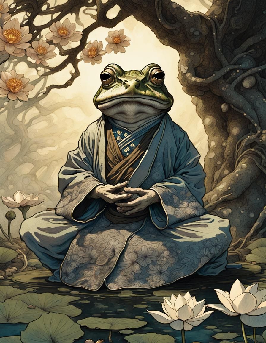 Enlightened Toad Monk Meditating Under Lotus Tree