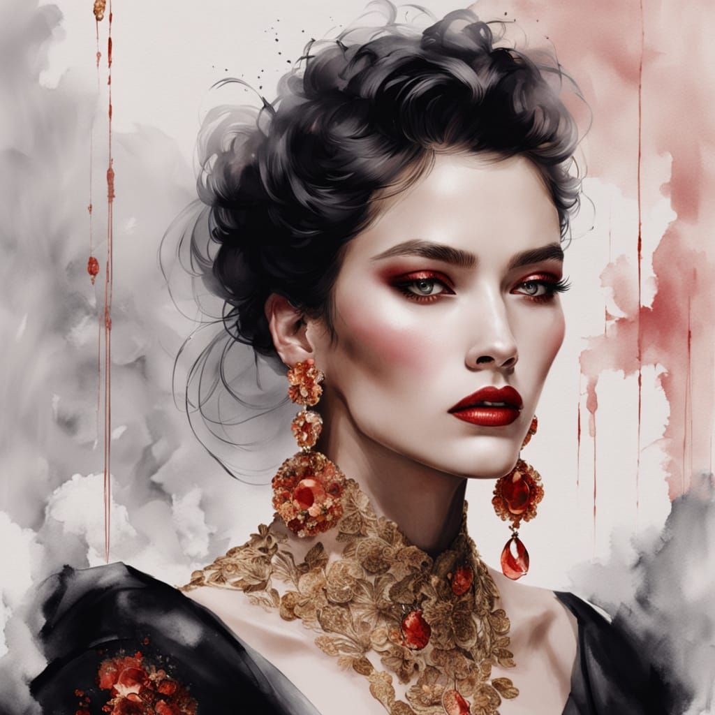 Sleek Woman in Red Evening Attire, Adorned with Luxurious Ea...