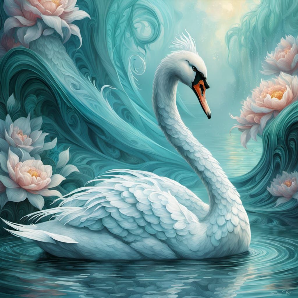 „Eleganz in Farben: Schwan, Blumen, Wasser, Ruhe, Magie, Kun...