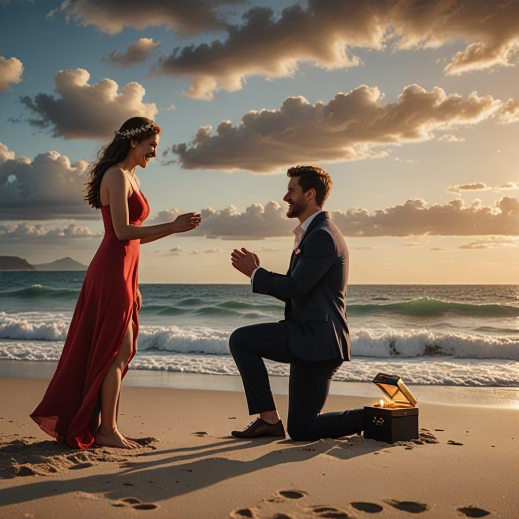Romantic Beach Proposal Scene in Cinematic Style