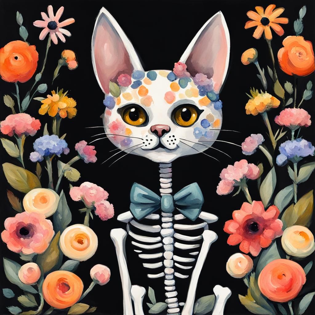 Cute Skeleton Cat with Flowers in Gouache Style