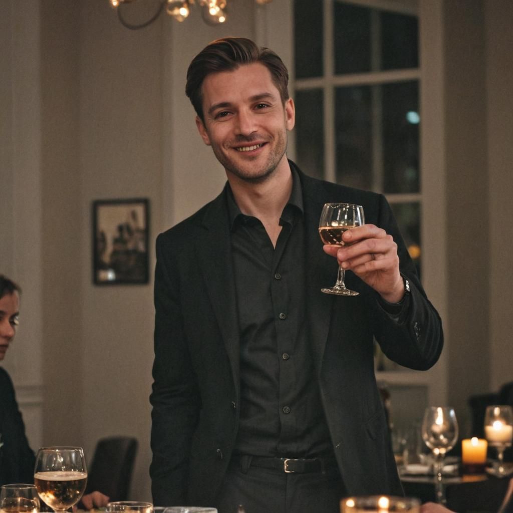 Man Toasting at Party in High-Contrast Film Photo