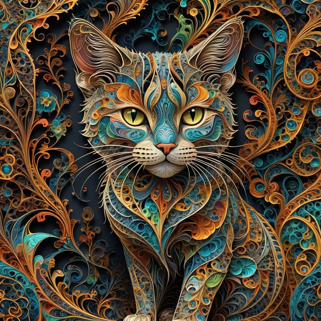 Fractal Cat in Multicolored Metal Art Style